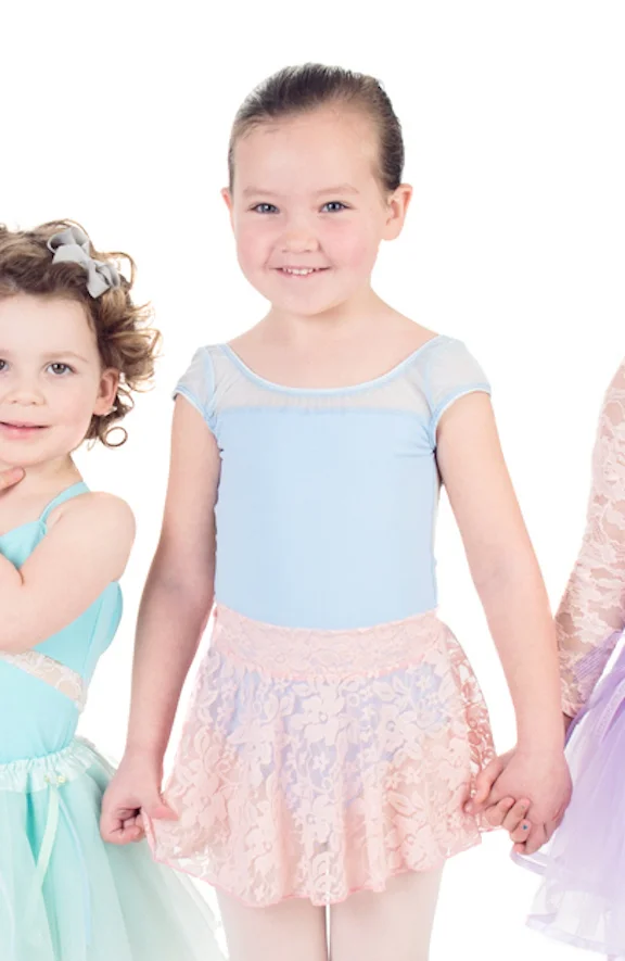 Princess Leotard in Sky Blue with Mesh, Open Back and Cap Sleeve