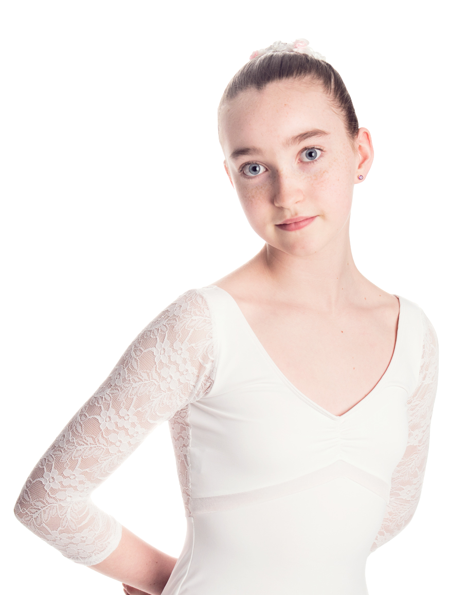 "Aurora" 3/4 Length Lace Sleeved Leotard with Velvet Inset - Custom Designed Leotards - Child and Adult Sizes