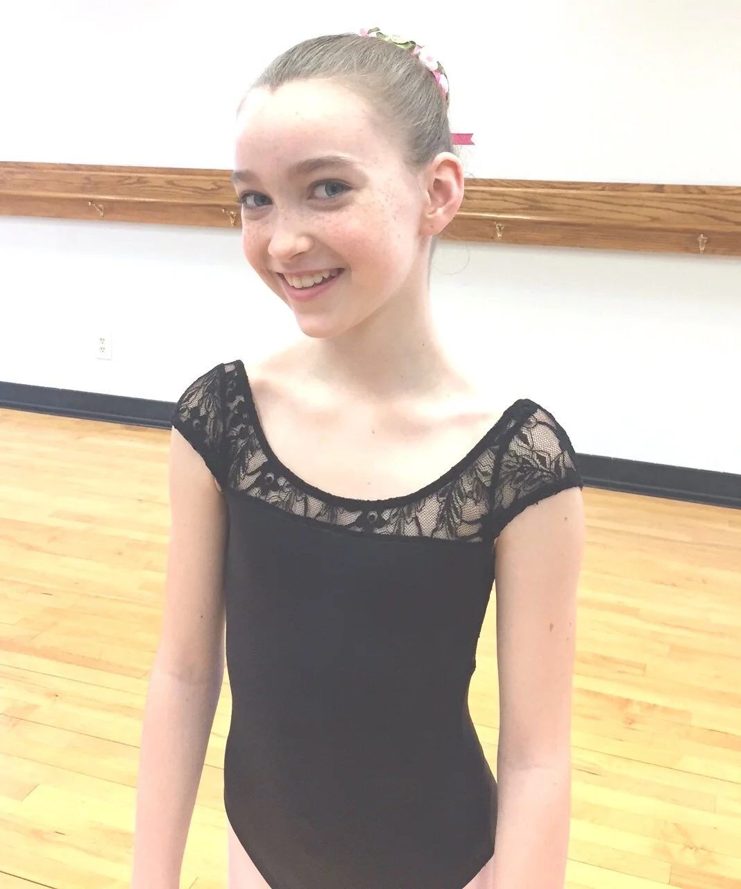 Princess Leotard in Black with Lace, Open Back and Cap Sleeve