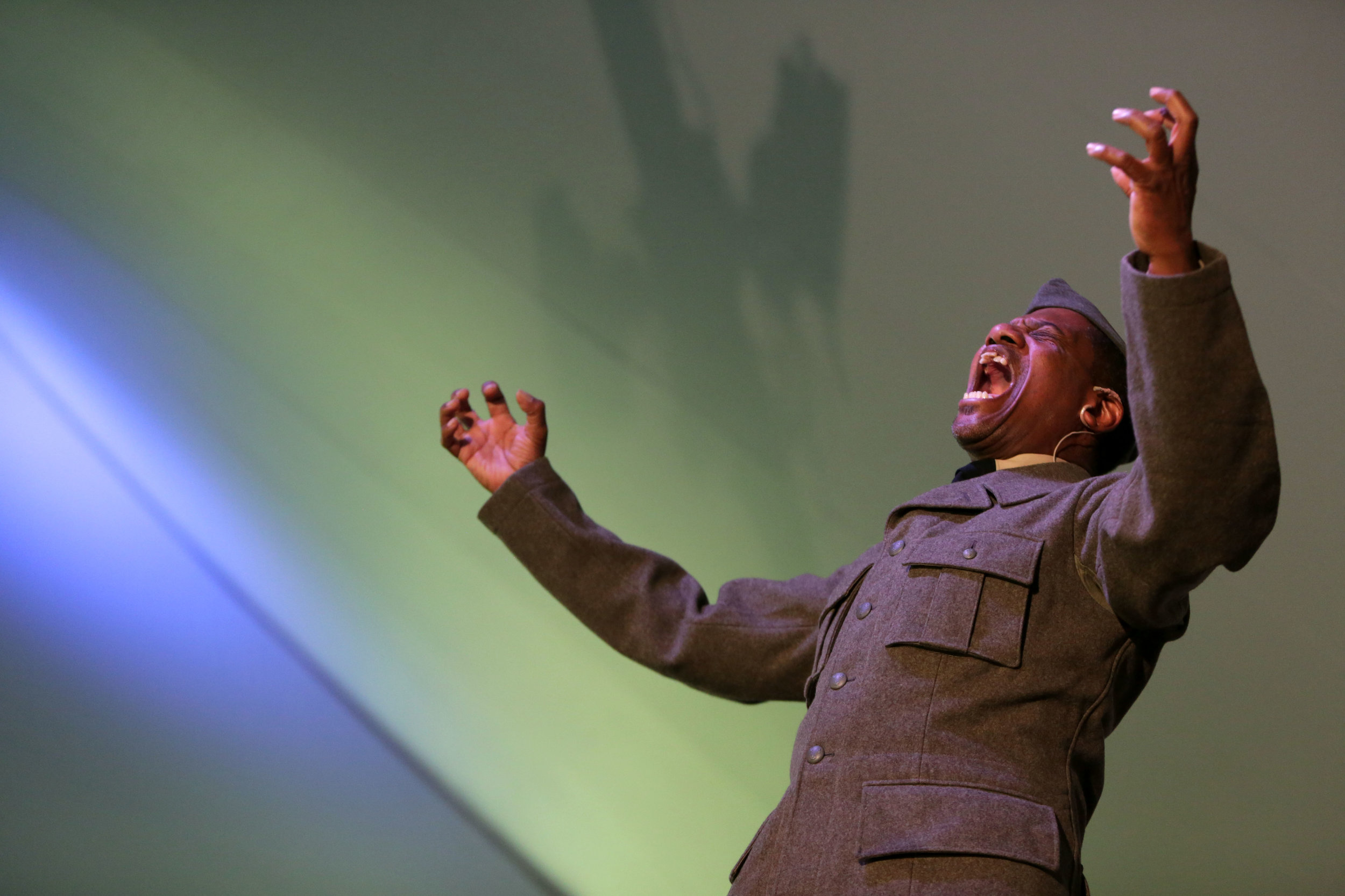  Keith Henley performs on stage as Sgt. Henry Johnson at the High Plains Chautauqua, Echoes of World War 1 event,&nbsp; at Aims Community College in Greeley, July 2017. Sgt. Henry Johnson was a heroic black soldier who was awarded the Congressional M