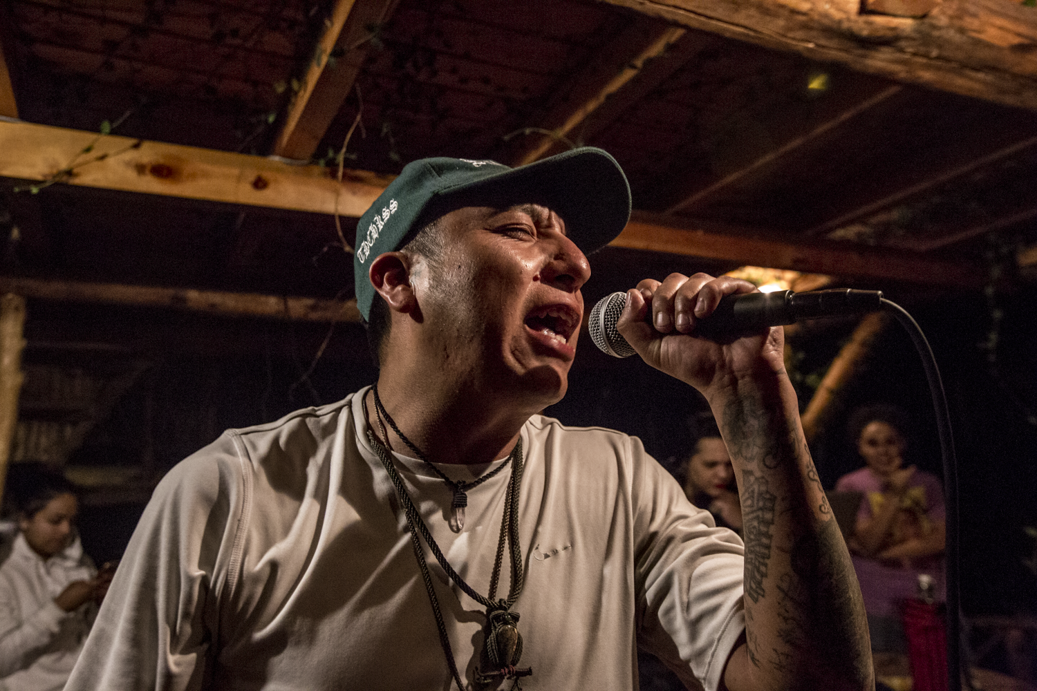 Sergio Lopez “CHKSS” sings passionately during a freestyle session in San Marcos La Laguna, Lake Atitlán on November 26, 2018.