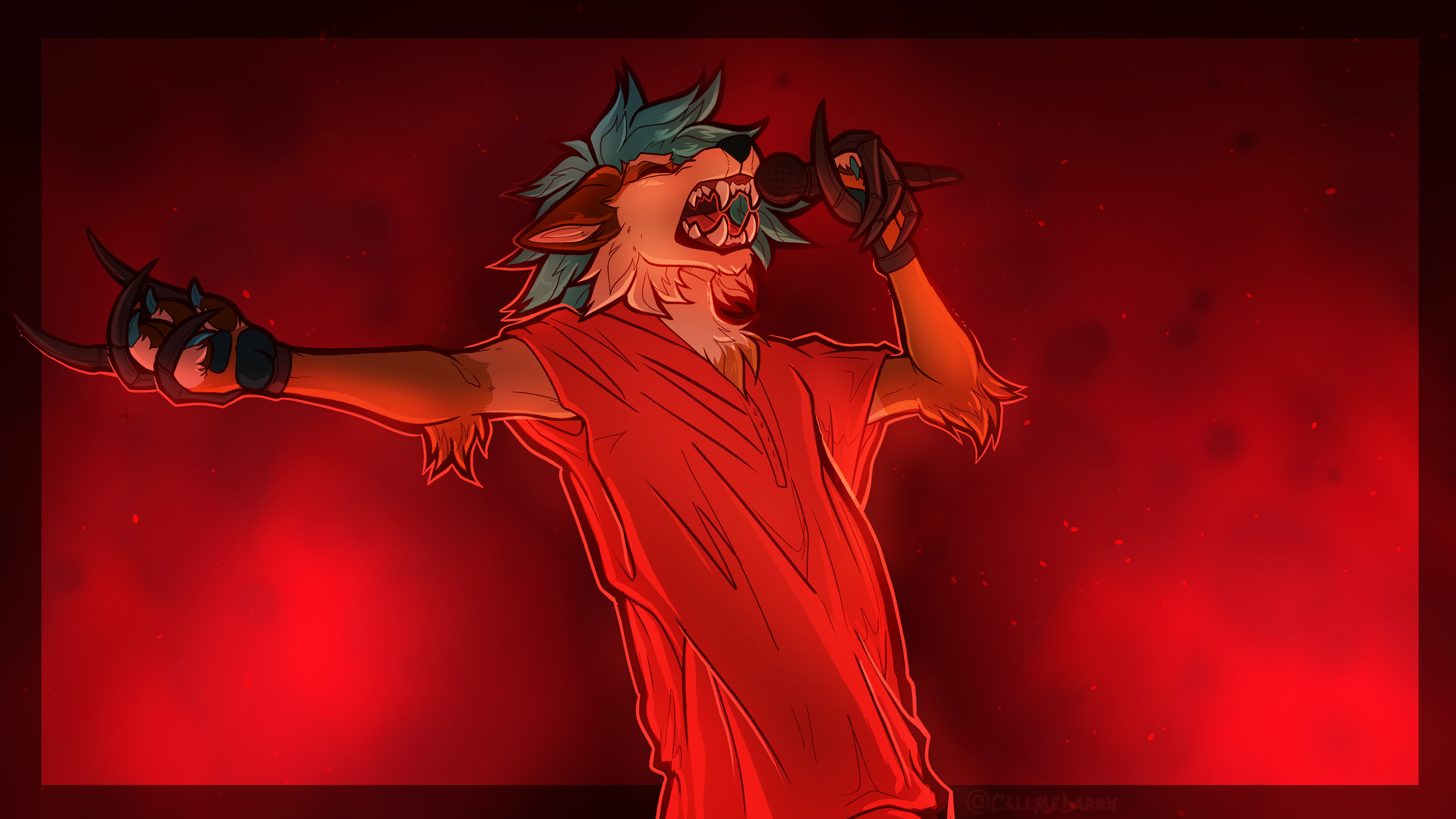 A lion character with a mane, wearing a red shirt, singing into a microphone with arms outstretched against a fiery red background.