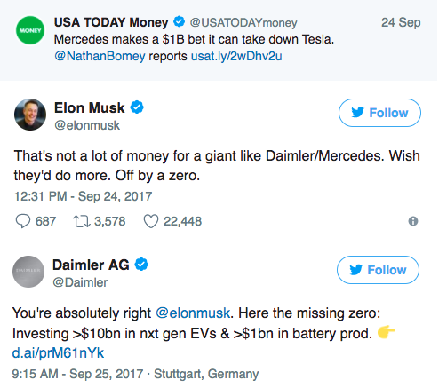 ELON MUSK CHALLENGES DAIMLER AG TO INCREASE THEIR INVESTMENT IN EVS.