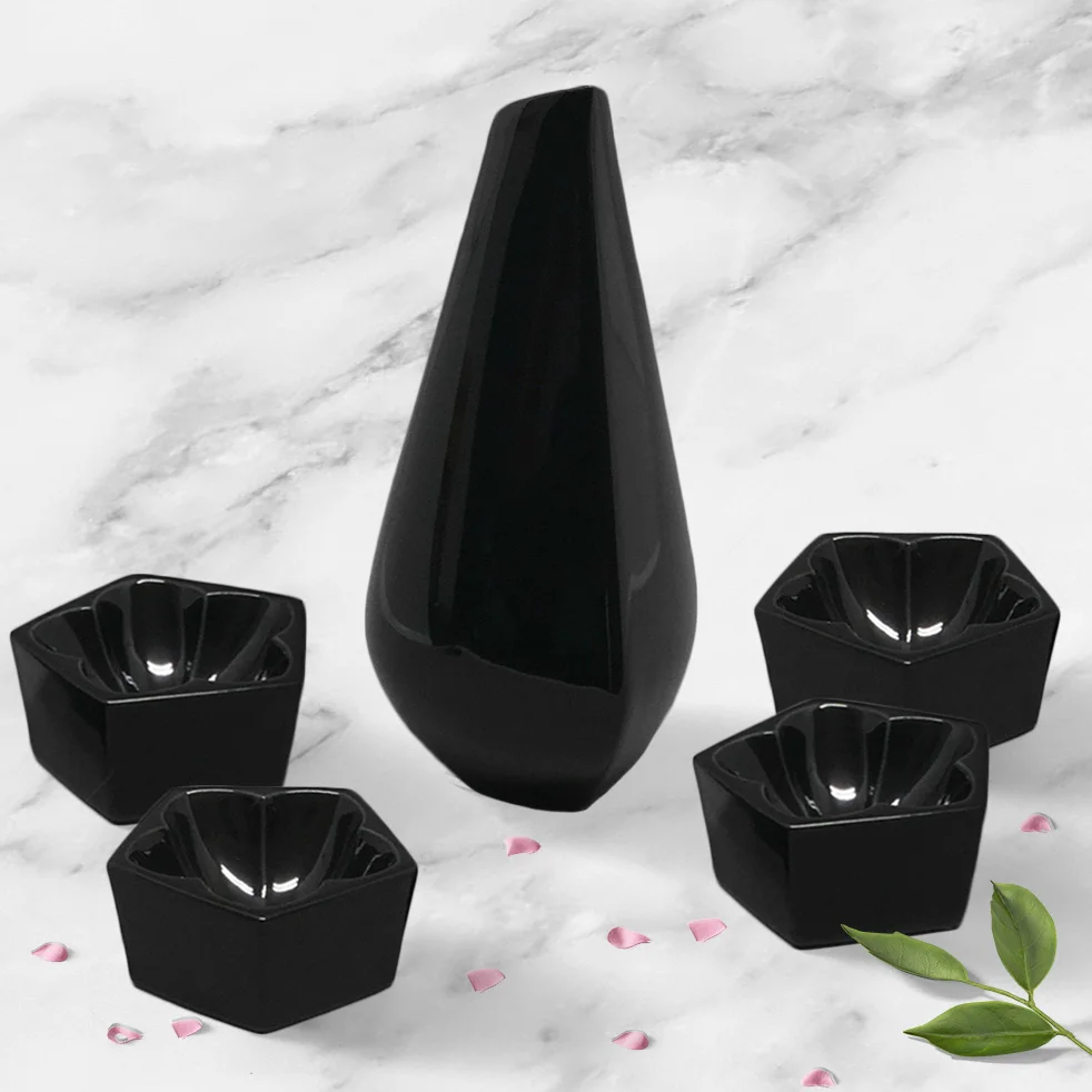 sake set ceramic porcelain black modern contemporary cherry blossom sakura prenium luxury fancy moma sushi gift