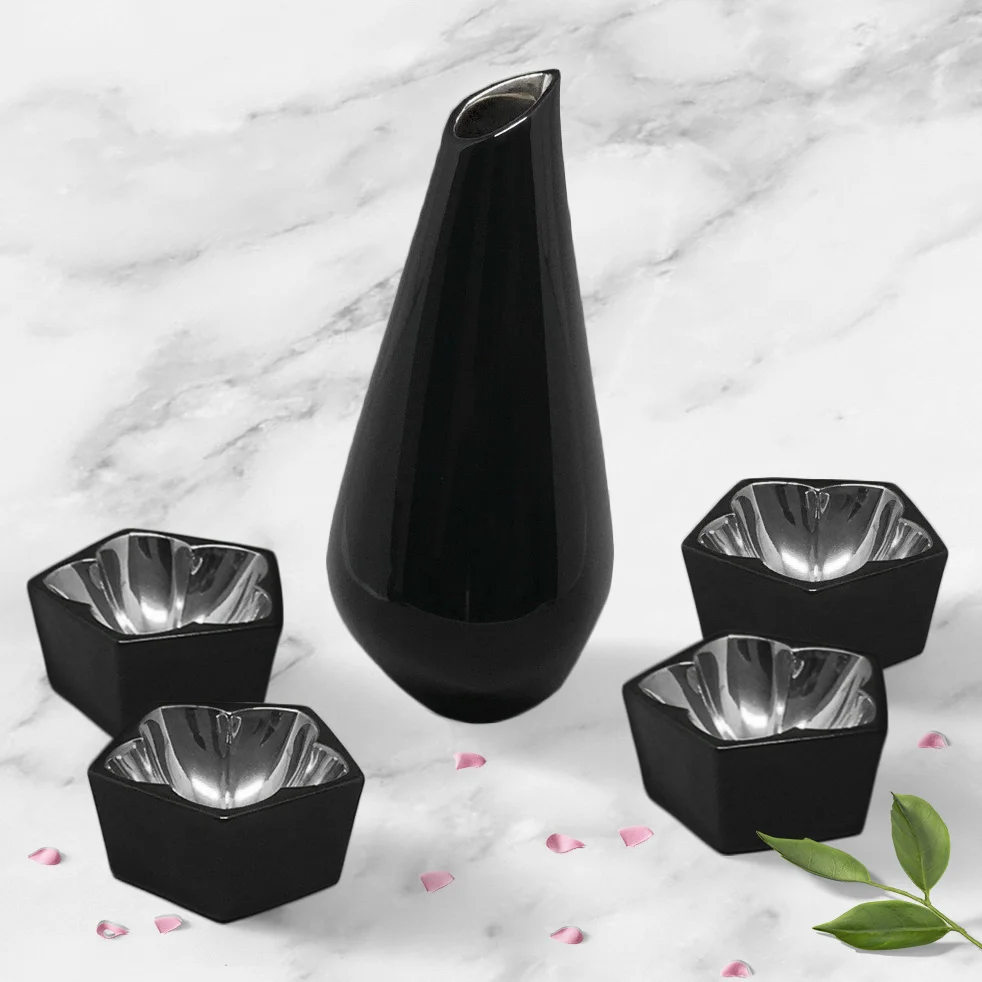 sake set ceramic porcelain black modern contemporary cherry blossom sakura silver moma luxury fancy high end