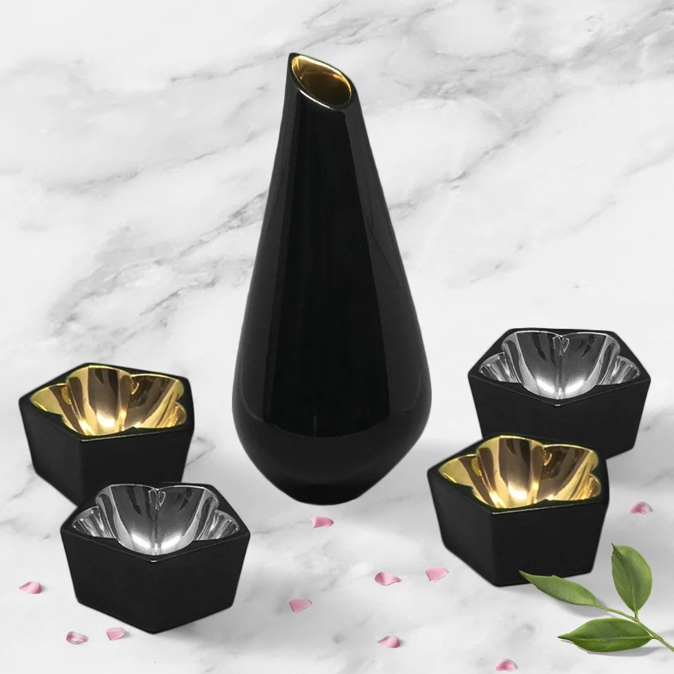 sake set ceramic porcelain black modern contemporary cherry blossom sakura gold silver luxury fancy sushi gift