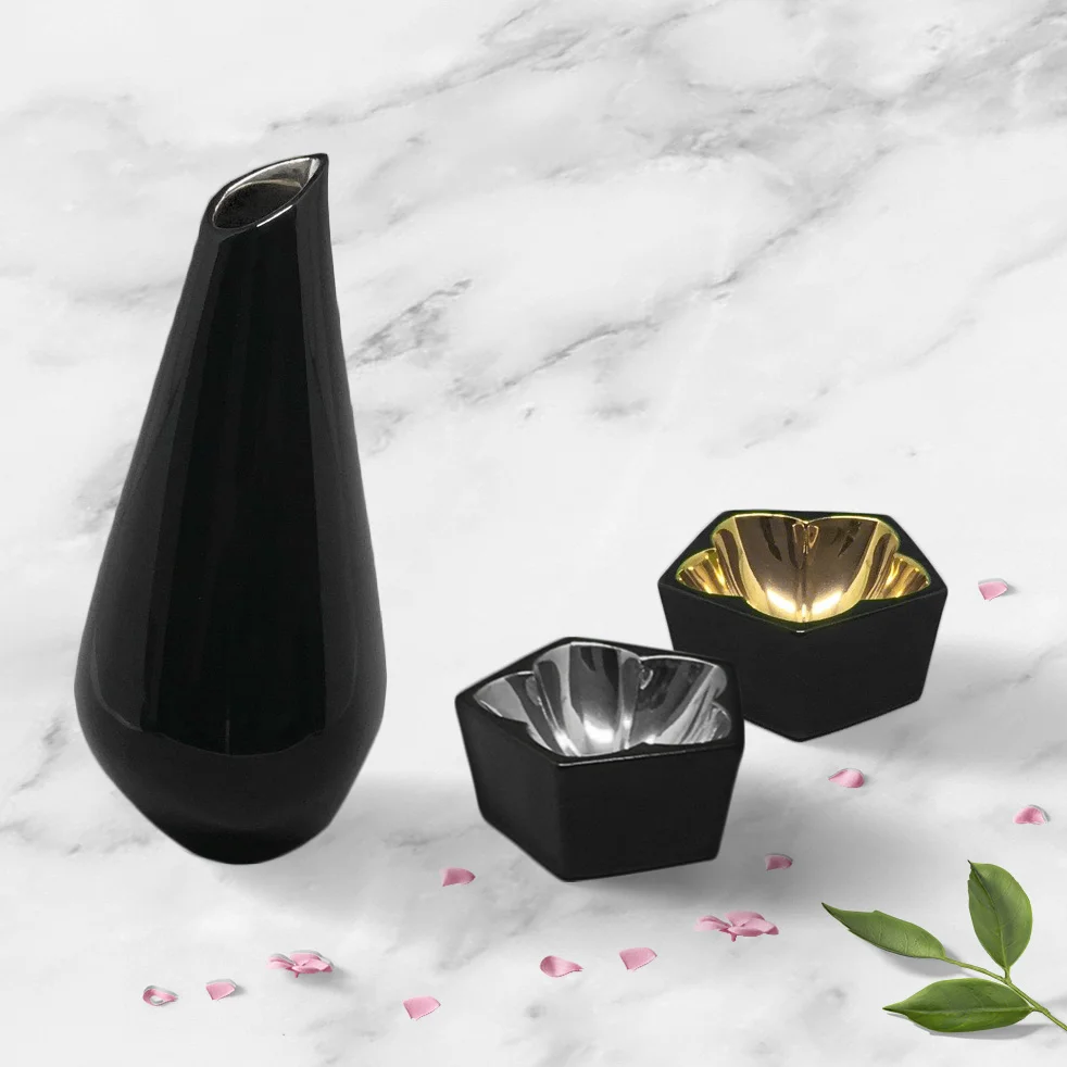 sake set ceramic porcelain black modern contemporary cherry blossom sakura gold silver prenium luxury fancy unique