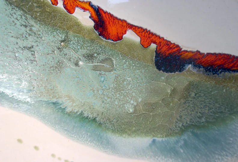 Asymmetric bowl, white with turquoise, green and orange - detail