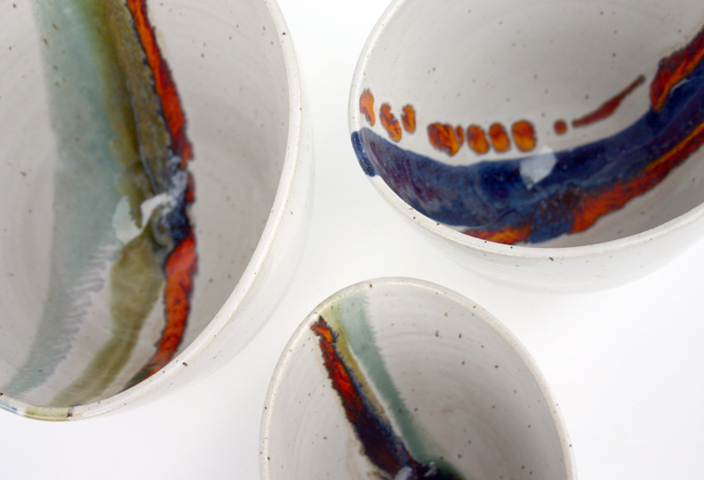 Three Tall Asymmetric Bowls; white glaze with turquoise/green/orange