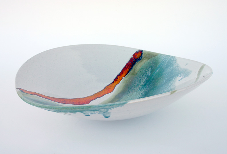 Asymmetric bowl, white with turquoise, green and orange