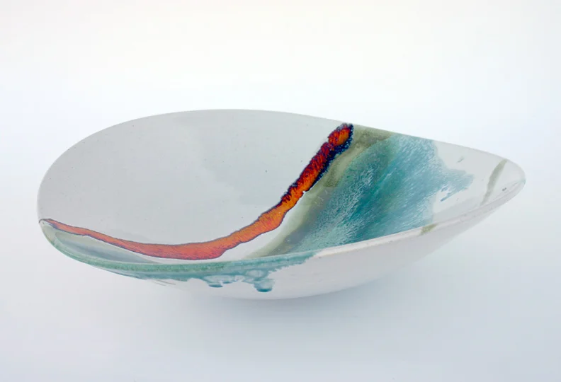 Asymmetric bowl, white with turquoise, green and orange