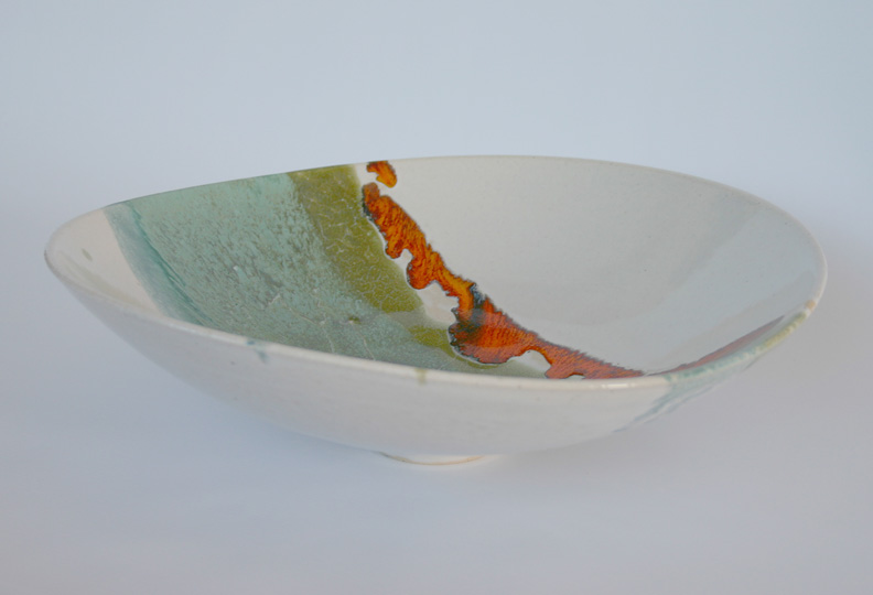 Asymmetric bowl, white with turquoise, green and orange