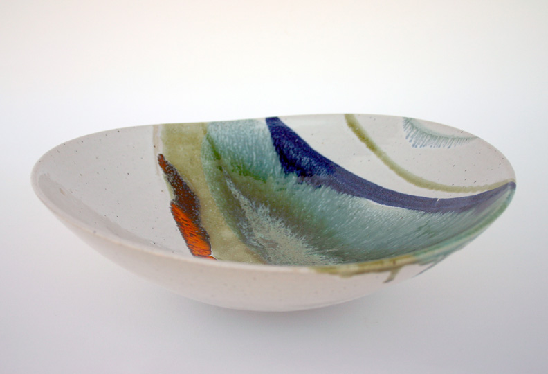 Asymmetric bowl, white with blue, turquoise, green and orange