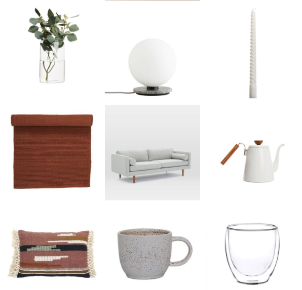 Extra Large Jar Vase , £19 - Arket, TR Bulb Table Lamp/Wall Light by Men u, £203.15 - Utility Design / Twisted White Candles , €21.25 for 12 - Tine K Home, Burnt Orange Woven Cotton Rug by Bloomingville , £55 - Trouva / Monroe Mid-Century Sofa in Feather Grey , £1399 - West Elm, Enamel Coffee Kettle by Hario , £49 - Arket / Aztec Textile Cushion With Tassles by HK Living , €49.95 - OrangeHaus / Simple Sand Ceramic Teacup by Bloomingville, Single Thermal Double Wall 240 Ml Glass , £9 - T&SHOP.