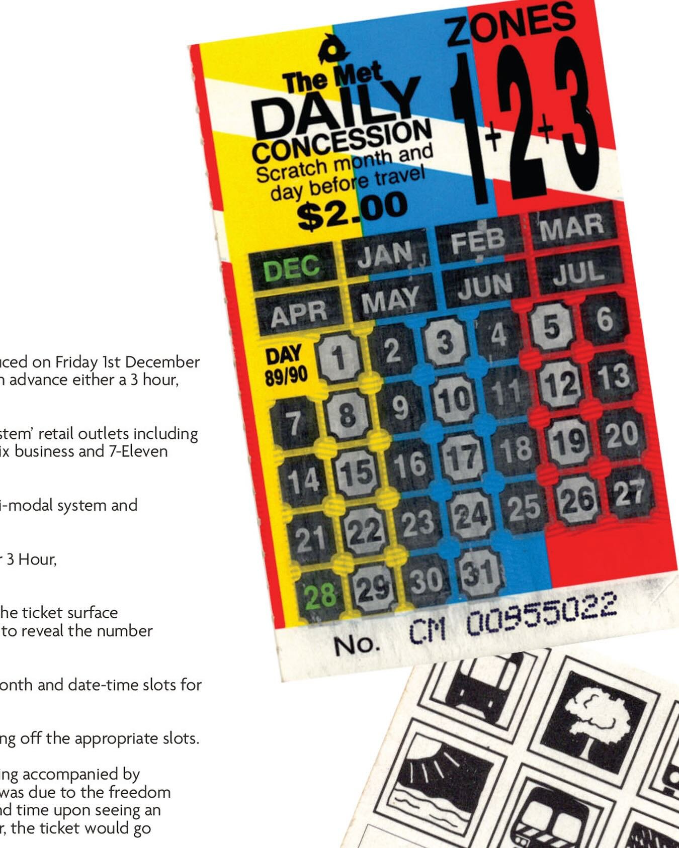 The MetTicket

Featured in the Second Edition with several colourful variations of the miniature scratch ticket. A lottery style ticket where you would scratch off the month and date in which you would travel. Unfortunately a flawed ticketing system 