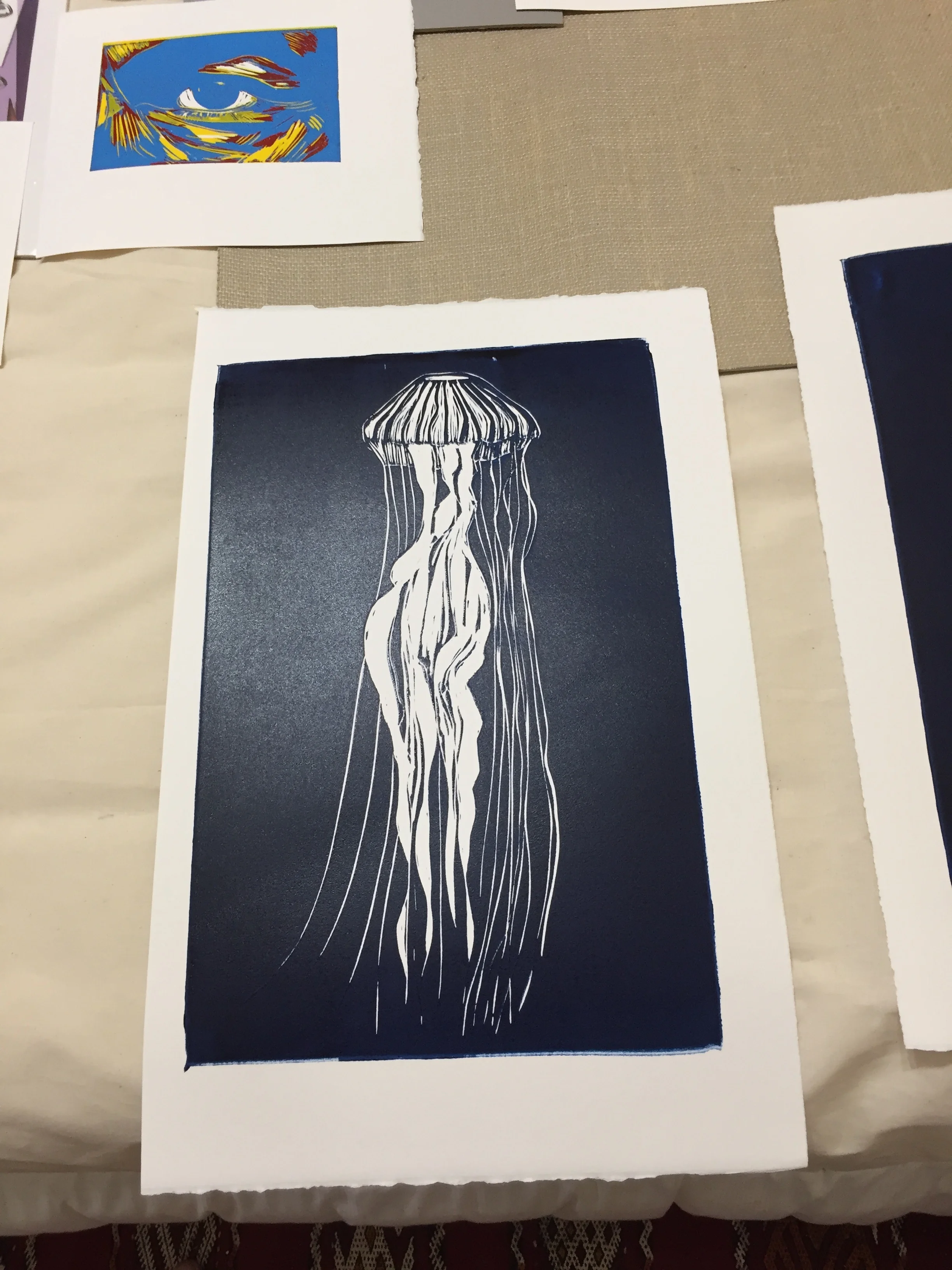 Ocean linocut print, limited edition 1/1