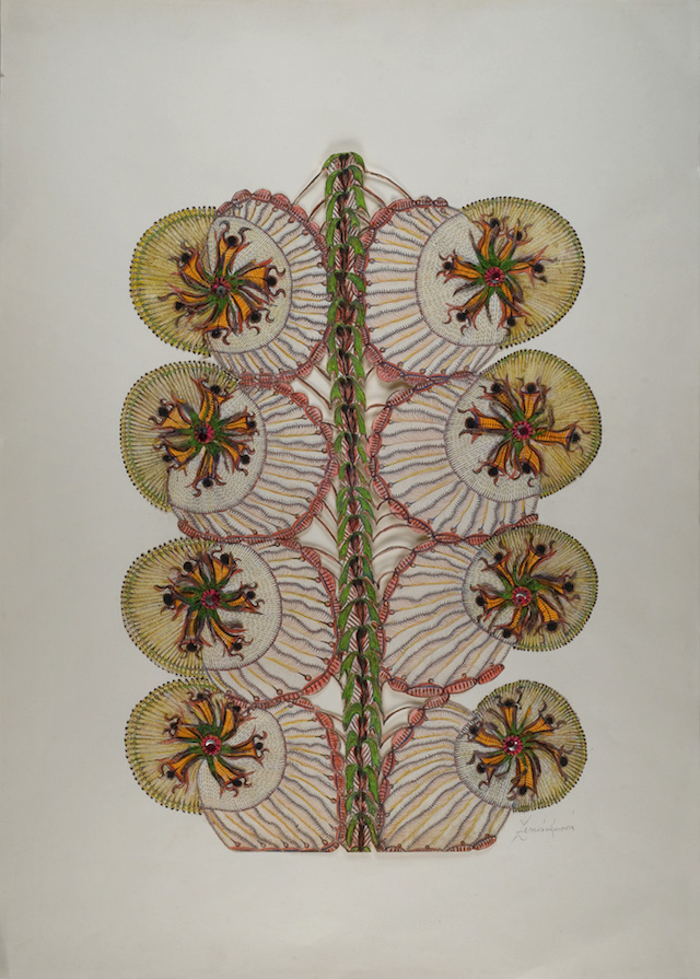 Anna Zemánková, “Untitled” (circa 1970s), pastel, ink and embroidery on paper, 24.61 x 17.72 inches (photo courtesy of Cavin-Morris Gallery) (click to enlarge)