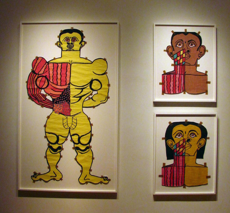 Untitled drawings (circa 2014) by the Cuban artist Misleidys Pedroso, poster paint on paper; large work: roughly 65 x 36 inches; smaller works: variable dimensions (photo courtesy of Carl Hammer Gallery) (click to enlarge)