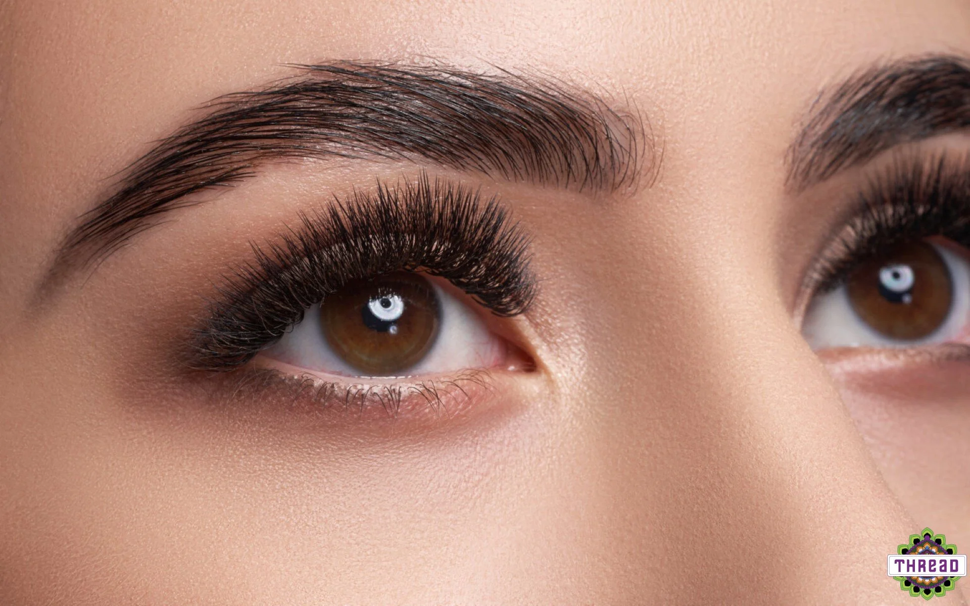 Close-up of a woman's eyes with brown irises, long eyelashes, well-defined eyebrows, and smooth skin.
