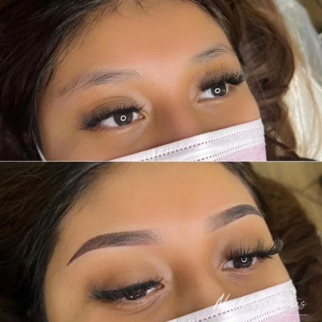 Side-by-side comparison of a woman's eyebrows before and after microblading enhancement, with the woman wearing a face mask in both images.