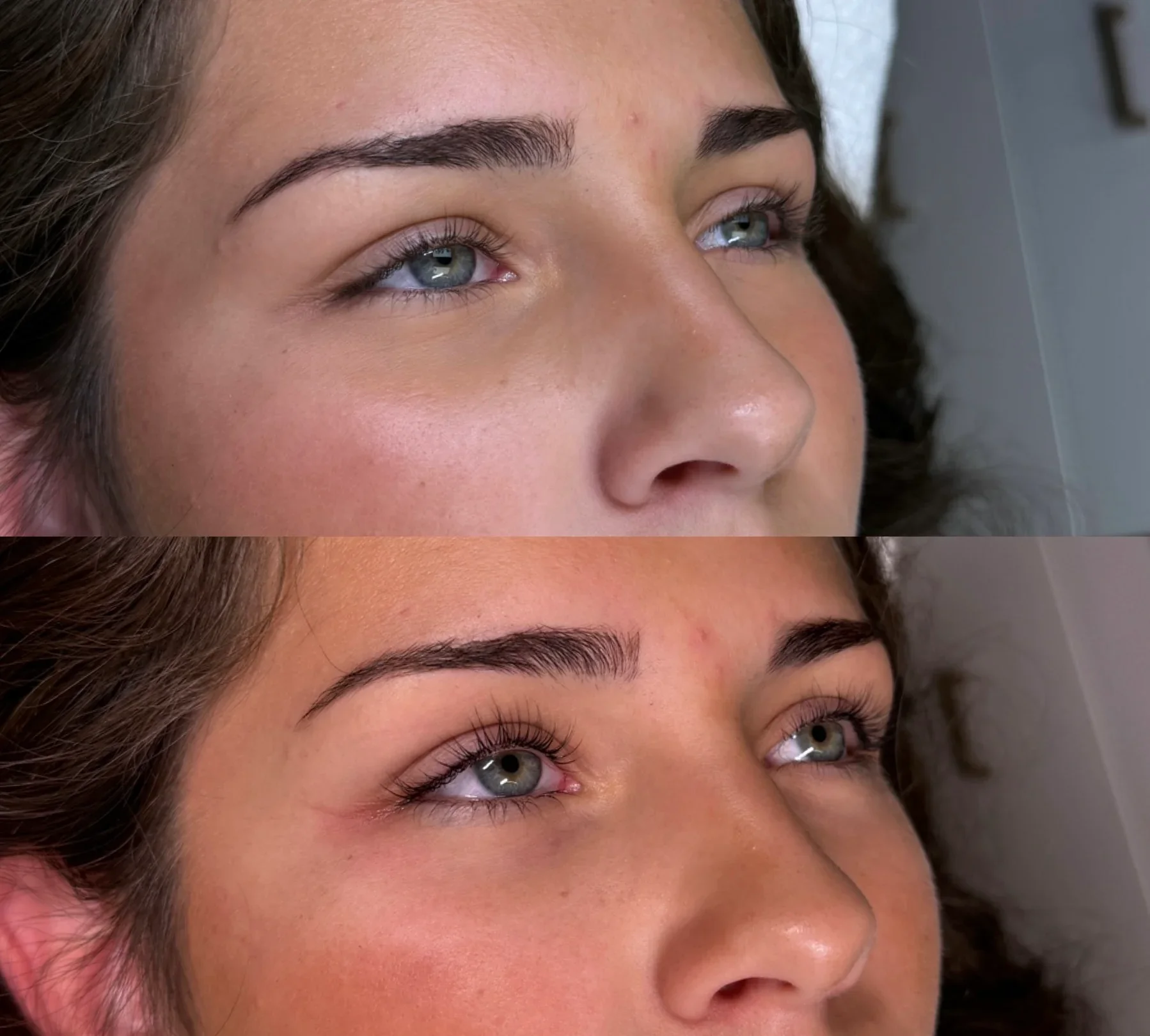 Close-up of a woman's face with blue eyes, dark eyebrows, and brown hair, lying down with her eyes looking up. The image is a before and after of eyelash lift.