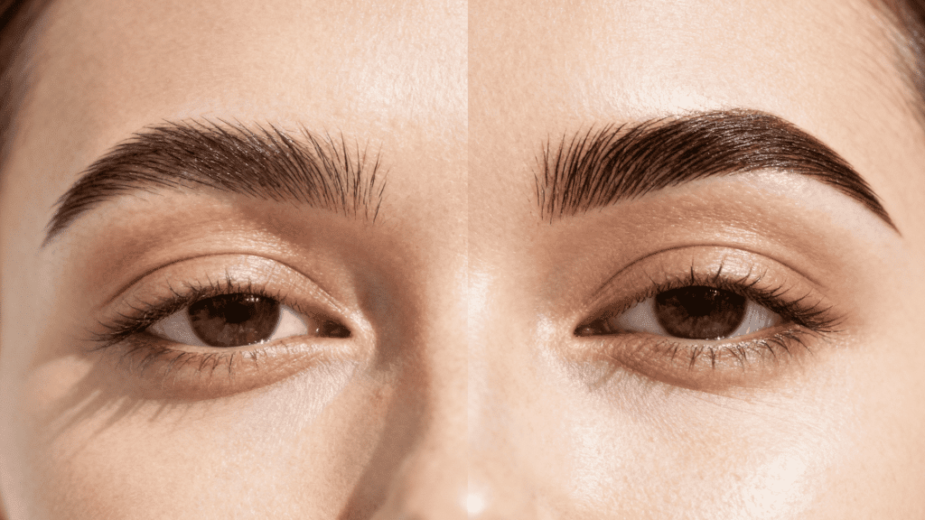 Close-up of a person's face, before and after brow lamination, focusing on their eyebrow enhancement.