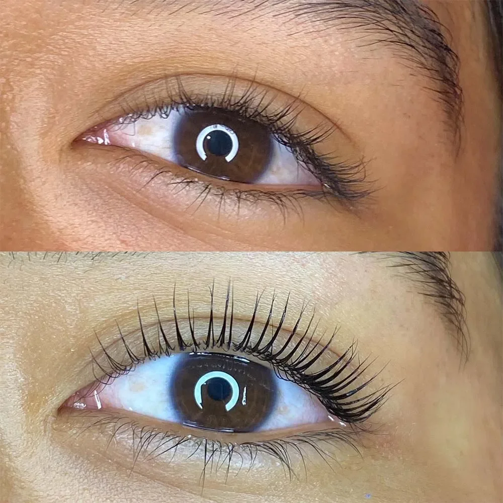 Close-up of a person's eye before and after eyelash extension.
