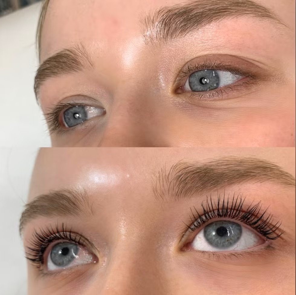 Close-up of a person's eye before and after eyelash tinting application, showing longer, colored eyelashes in the after image.