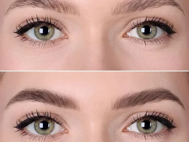 Close-up of a woman's eyes showing before and after microblading service, with the top image depicting natural eyes and the bottom image showing eyes with added eyebrows and enhanced eyelashes.