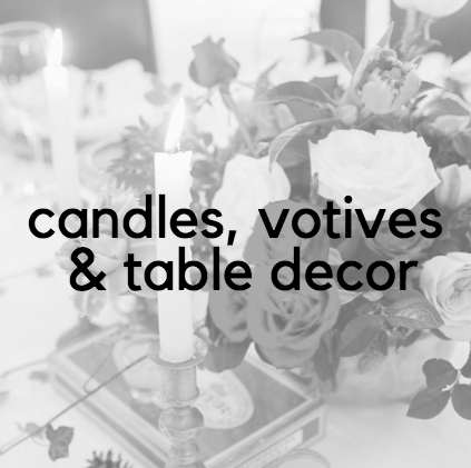 MIXED CANDLES, VOTIVES AND TABLE DECOR  A wide range of pieces available for hire.  Send through pictures of the styling you’re inspired by, and I will return with the options available and pricing.  Option for TF to style on the day available at request.