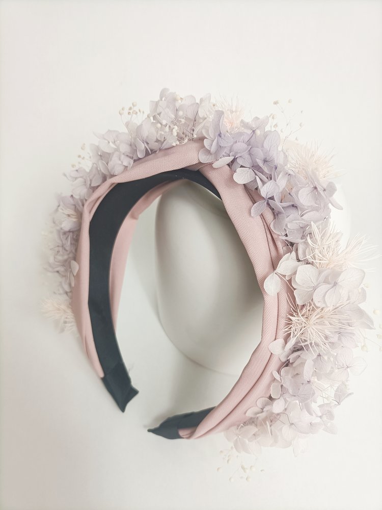 Festival Dried Headband. Statement Hydangea flowers in hair. NZ Florist. Dried Flower Crowns. NZ Made. Table Flower Studio. Fabric Headband Pink.jpg