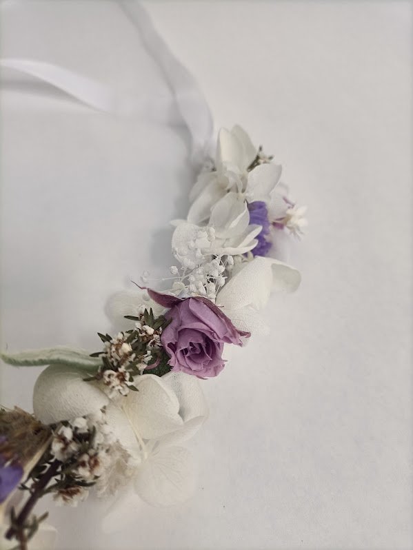 Purple and white dried flower crown. Keepsake forever. Beautiful flowers for newborn. perfect newborn gift Table Flower Studio.jpg