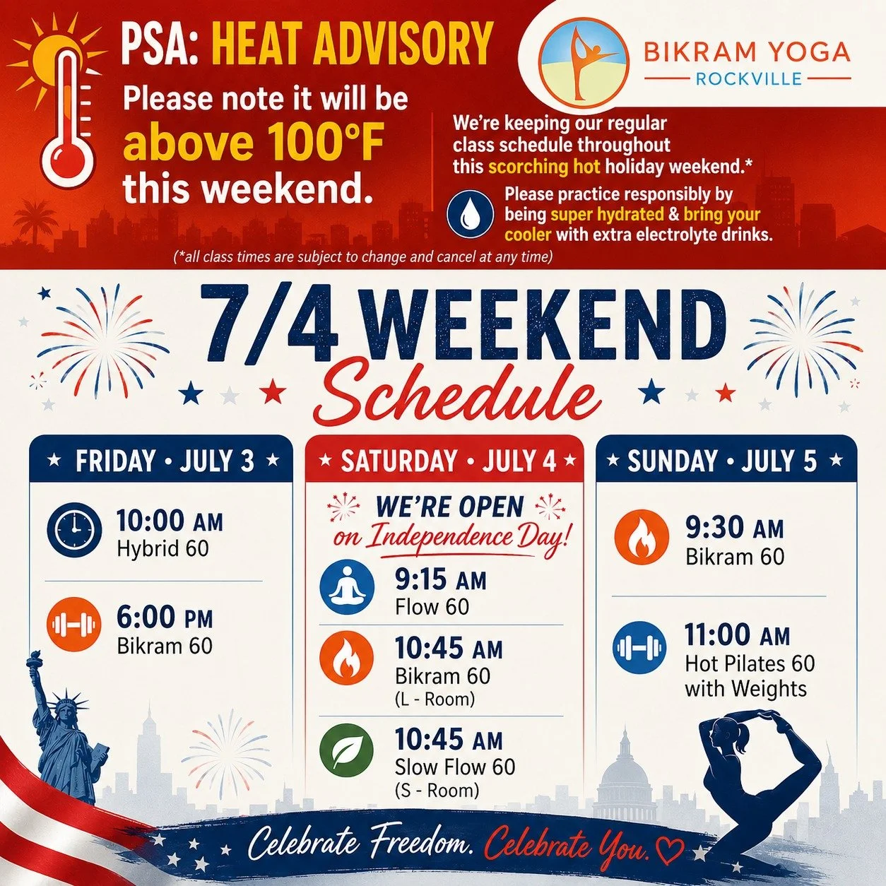🌡️🔥 HEAT ADVISORY THIS HOLIDAY WEEKEND 🔥🌡️

With temperatures expected to climb above 100&deg;F, we wanted to share a few reminders to help everyone practice safely.

✅ We're staying OPEN all weekend, including Independence Day, and plan to maint