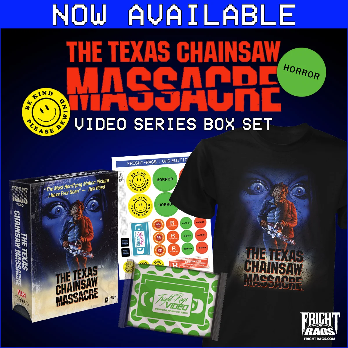 The Texas Chainsaw Massacre box set features the design on an exclusively T-shirt and a collector's box, plus a sheet of VHS stickers and custom microwavable popcorn. It's limited to 300 sets. Hoodies, baseball tees, and ringer tees featuring the artwork are available separately.