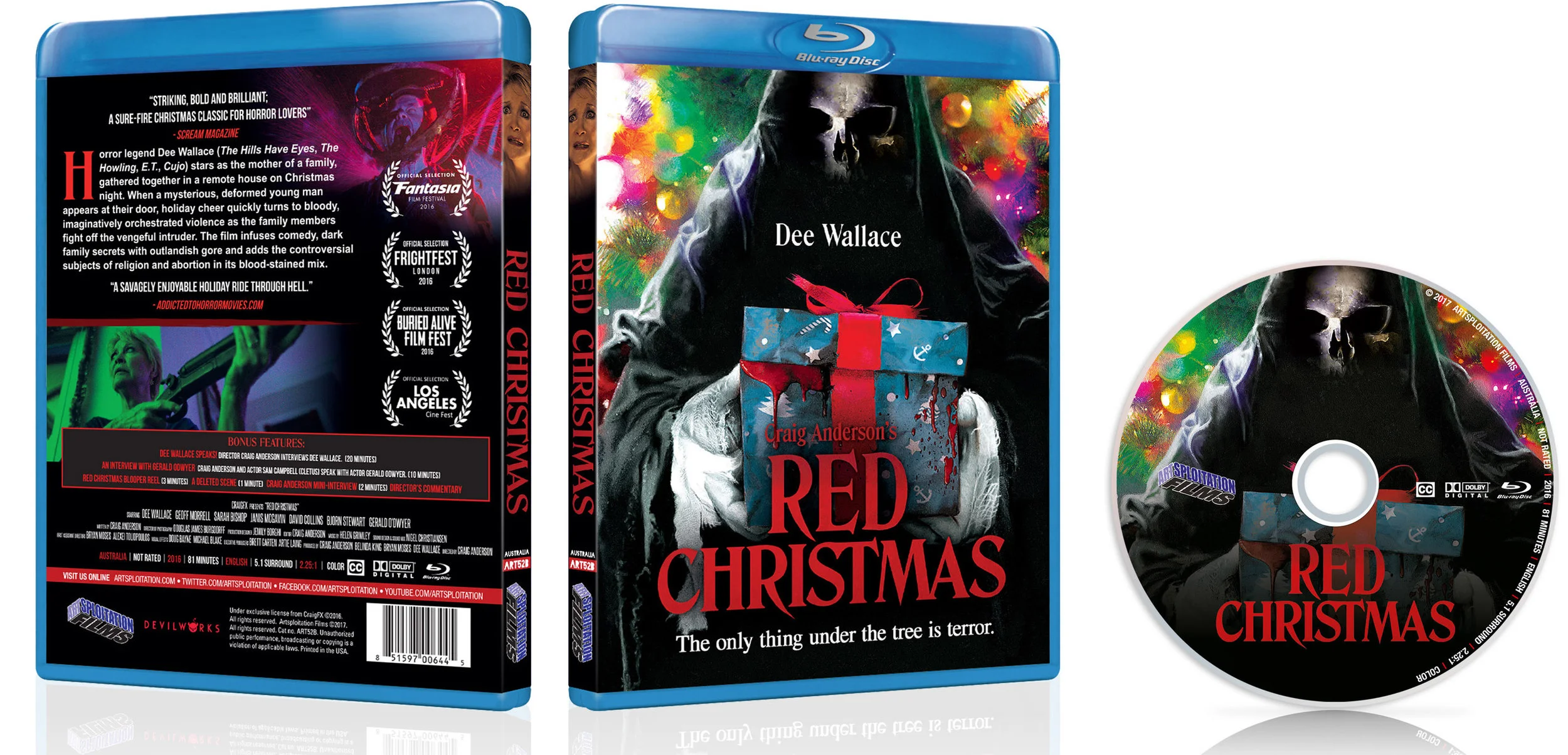 The Blu-ray (SRP $22.99) and DVD (SRP $17.99) releases of Red Christmas will exclusively include a feature-length commentary with writer-director Craig Anderson, interviews with Dee Wallace, Gerald Odwyer and Craig Anderson, bloopers and more.
