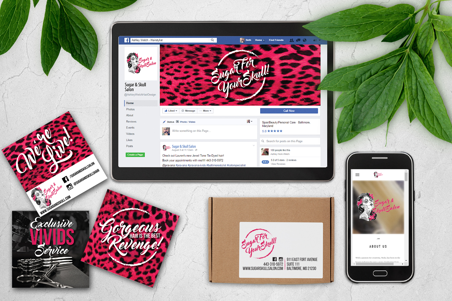 SUGAR & SKULL SALON From creating a unique logo concept, to cohesive and well thought out marketing collateral, every step of this branding project was a grand example of finding the personality in this new Baltimore, MD Salon. Their website is conveniently connected to their booking applications to make scheduling a breeze. Proud to have created them some "Sugar" for their Salon. WEBSITE - FACEBOOK - INSTAGRAM 