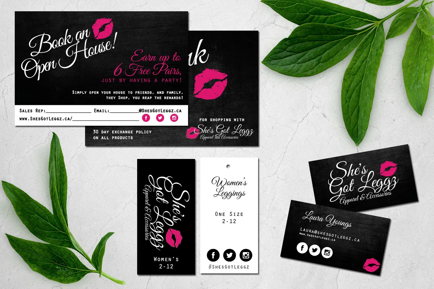 She's Got Leggz These ladies are taking the women's clothing world by storm! As a fully CANADIAN company, they are quickly becoming the best place for leggings. We started with them as a quick logo fix, and have blossomed it into a beautiful working friendship, complete with business cards, hangtags for their product as well as postcards, car magnets, banners and much more! There is also a super new project in the works, but I'll let them spill the beans ;) WEBSITE - FACEBOOK - INSTAGRAM 