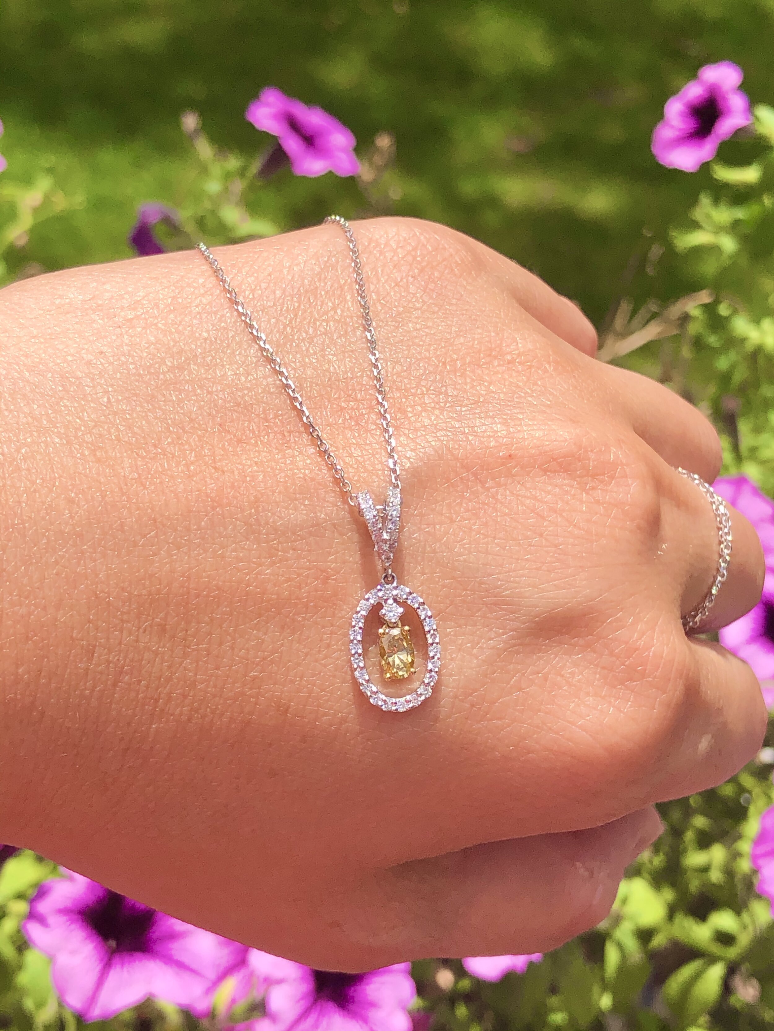 Floating Yellow Oval Brilliant Diamond Halo Pendant
