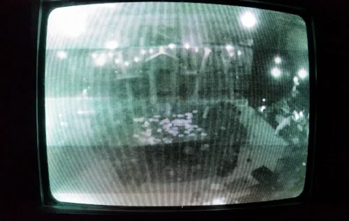 Requisite cool photo - Antigone Project at Emerson Stage as seen on the Stage Manager's (Alexis Ellis-Alvarez) old CRT monitor feed of the IR camera. Directed by David R. Gammons, scenic design by Jackson Lasseter, lighting design by Sydney Skora, costume design by Simone Bordage.