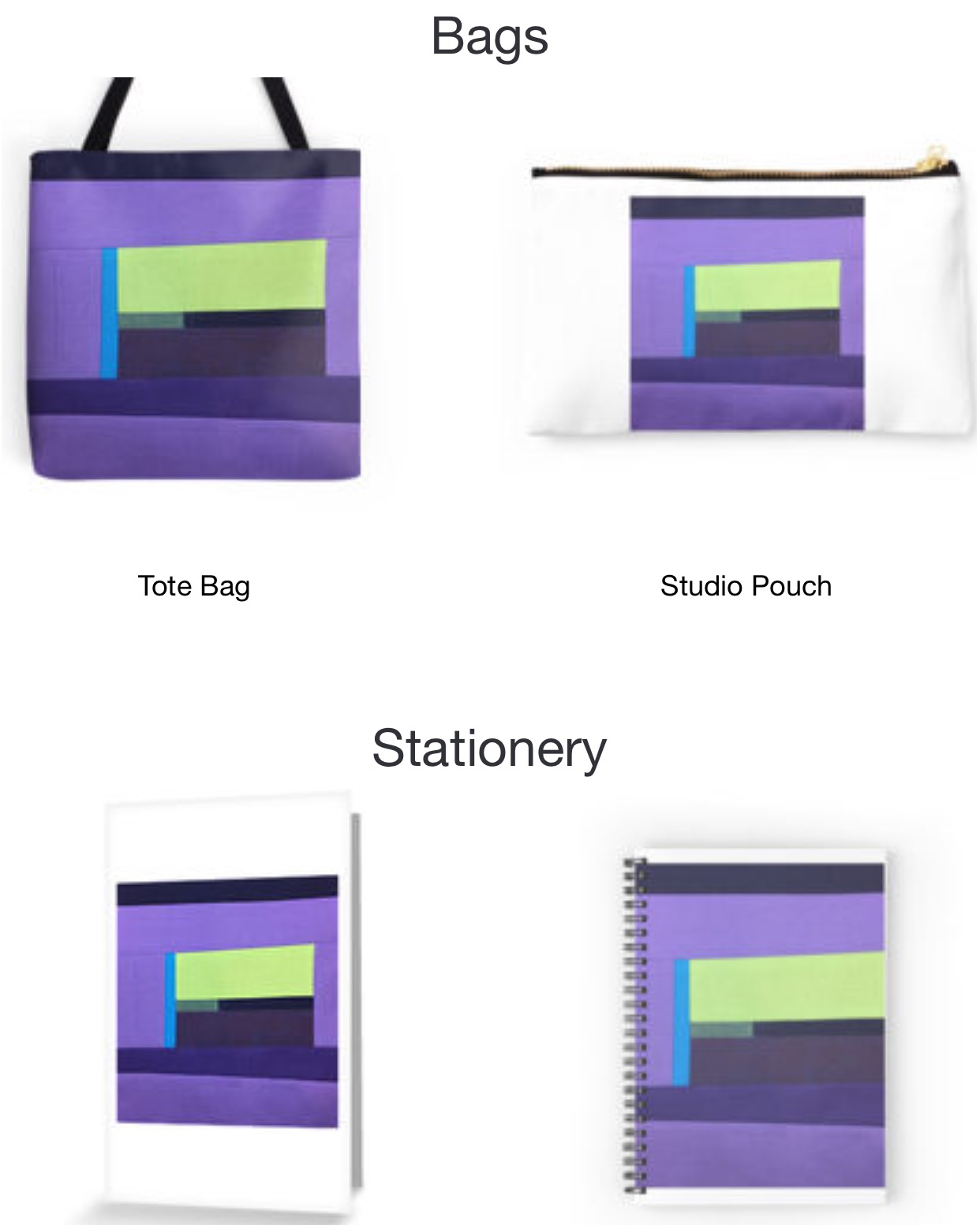 My favorite daily square from the Surround series on 4 every day things:tote bag, studio pouch, notecards, and a spiral notebook