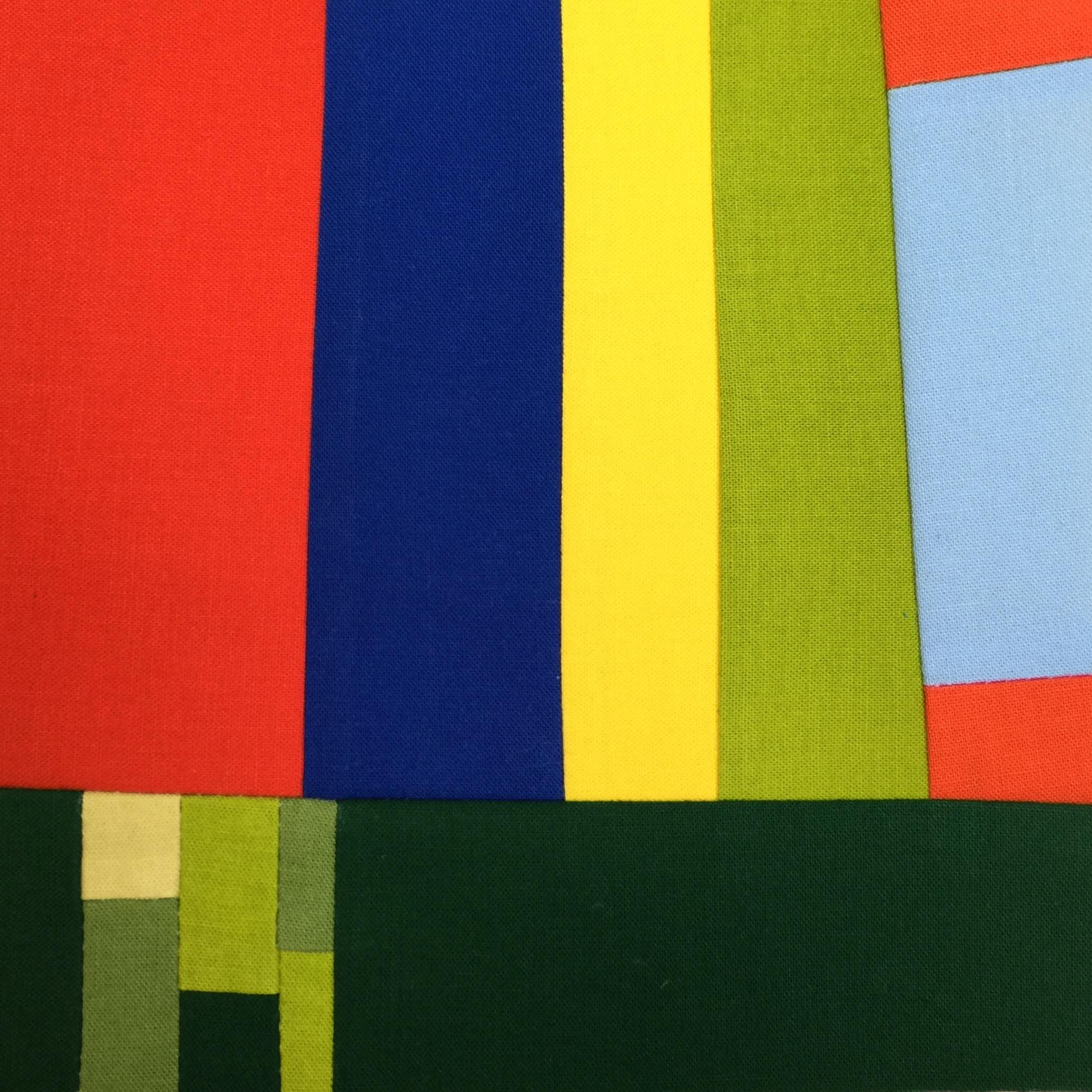 Earth series. Day 186 of 2016. 6 inches square. Green horizontal lines with multiple green rectangles included for the land. Orange, yellow and green vertical lines for flowers with blue sky peaking in.