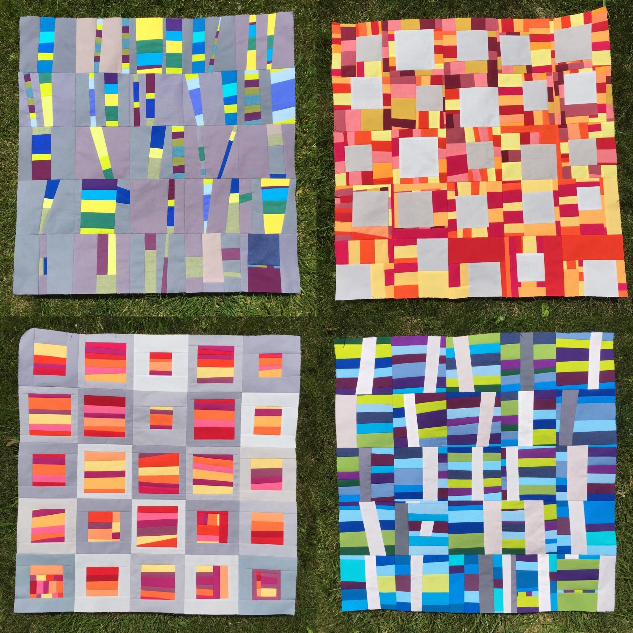 The 100 Day Project of 2017. Four art quilts: Top Line L to R Trees, Windows. Bottom line L to R, Inverse Windows and Inverse Trees