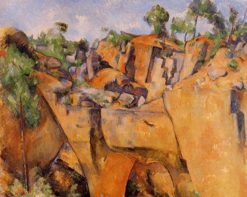 Paul Cézanne's Bibemus Quarry, 1895 Oil on canvas, 65.1 x 81 cm Folkwang Museum, Essen This painting is a good example of geometric shapes in his art. Source: HERE