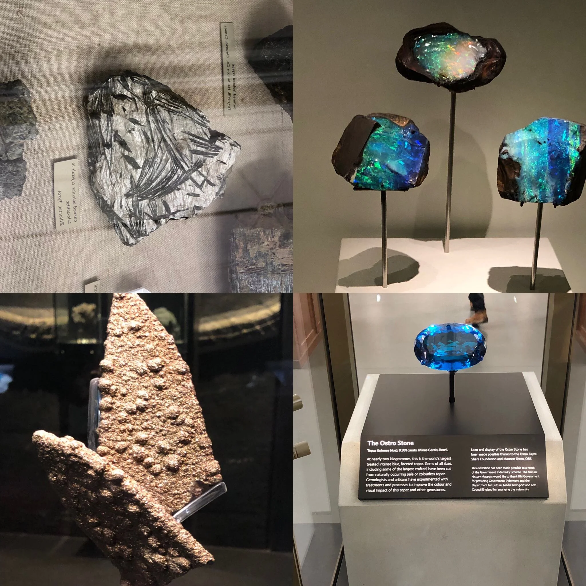 Aicular crystals in talc-schist from Tyrol, Austria: Australian Opals: Ladies slipper shaped pyrite from England: World’s largest topaz from Brazil. All from the Natural History Museum in London.