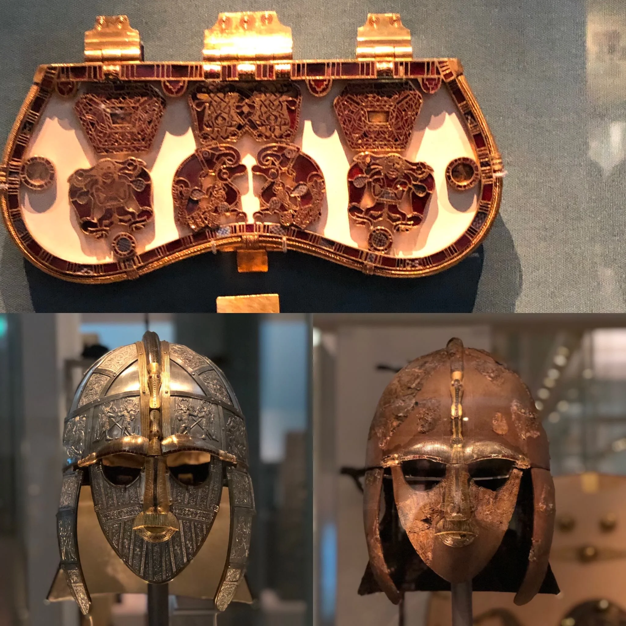 Sutton Hoo ship burial of an Anglo-Saxon grave dated early 600 AD. Purse lid of gold and cloisonne garnets and shiny reconstruction next to original helmet found on the site.
