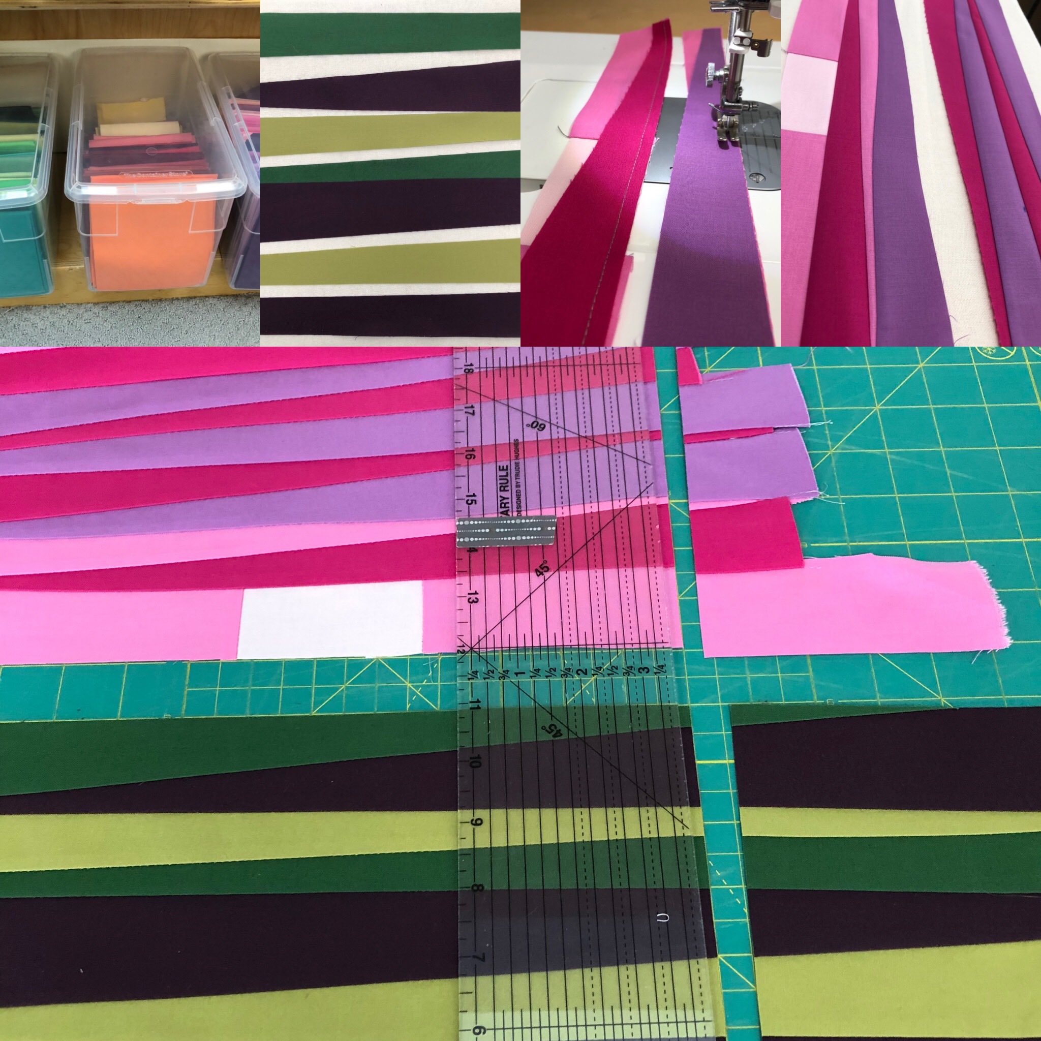 Upper Left to Right: Fabric bins, Wedges for fields, Sewing wedges together, Sewing groups of wedges together. Lower section: Sky and land cut to 13” and ready to sew together at the horizon.