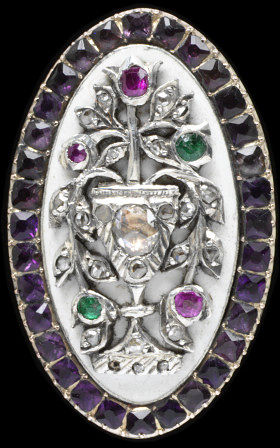 Mourning Ring, England 1787. Enamelled gold set with rose-cut diamonds, rubies, emeralds and amethysts V&A Museum