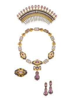AN ANTIQUE PINK TOPAZ, ENAMEL, DIAMOND AND GOLD PARURE Comprising: a comb tiara set with a fringe of oval pink topazes to the openwork gold, blue enamel and diamond decoration; a necklace/choker with removeable links supporting a detachable plaque brooch and topaz pendant; a pair of earrings with detachable pendants (may be added to necklace/brooch combination); and a brooch with pendant hoop, all of neo-classical and foliate design, mounted in silver and gold, circa 1840 Christie’s Sale 1368