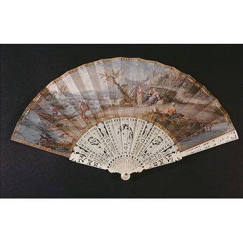 France, c. 1750-1760 Fan, gouache on vellum, with carved and pierced ivory sticks and guards. V&A Museum