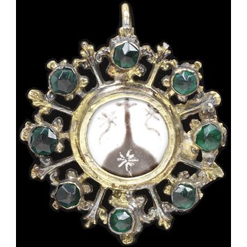 Spain, c. 1700-1800 Pendant, gilded silver set with pastes and a porcelain plaque. V&A Museum